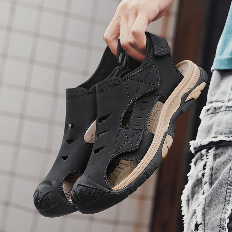 New Summer Sandals Breathable Fashion Men Shoes Genuine Leather Outdoor Man Hollow Sandals Antiskid Beach Flats Footwear, leather sandals,summer sandals