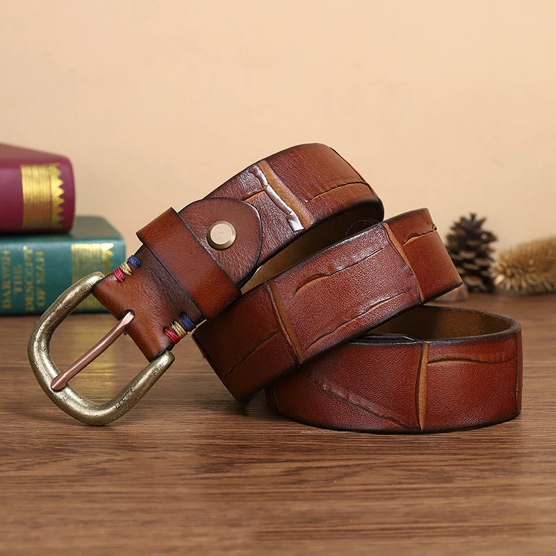 

Genuine Leather Belts For Men Original Cowhide Men Top Layer Leather Casual High Quality Belt Vintage Design Copper Pin Buckle