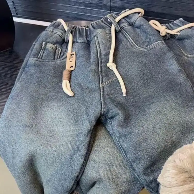 인조 토끼털 플리스 안감 두꺼운 면 청바지, 매우 두껍고 부드러운 패셔너블한 겨울용 따뜻한 바지, 3-14세 어린이용