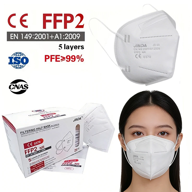 Masque FFP2 NR 5 couches certifié CE UE pour adulte, vue de face montrant les plis et la barrette nasale