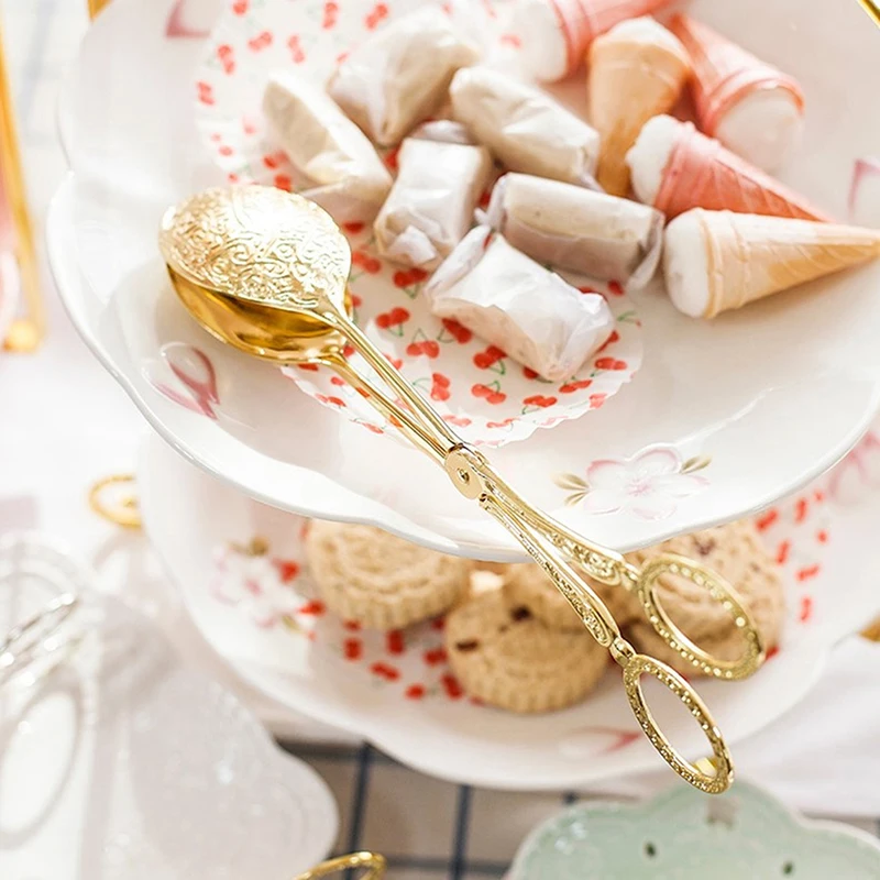 Snack Cake Clip Salad Pastry Clamp Buffet Food Tong Gold-plated Baking Barbecue Tool Vintage style Fruit Salad Cake Clip