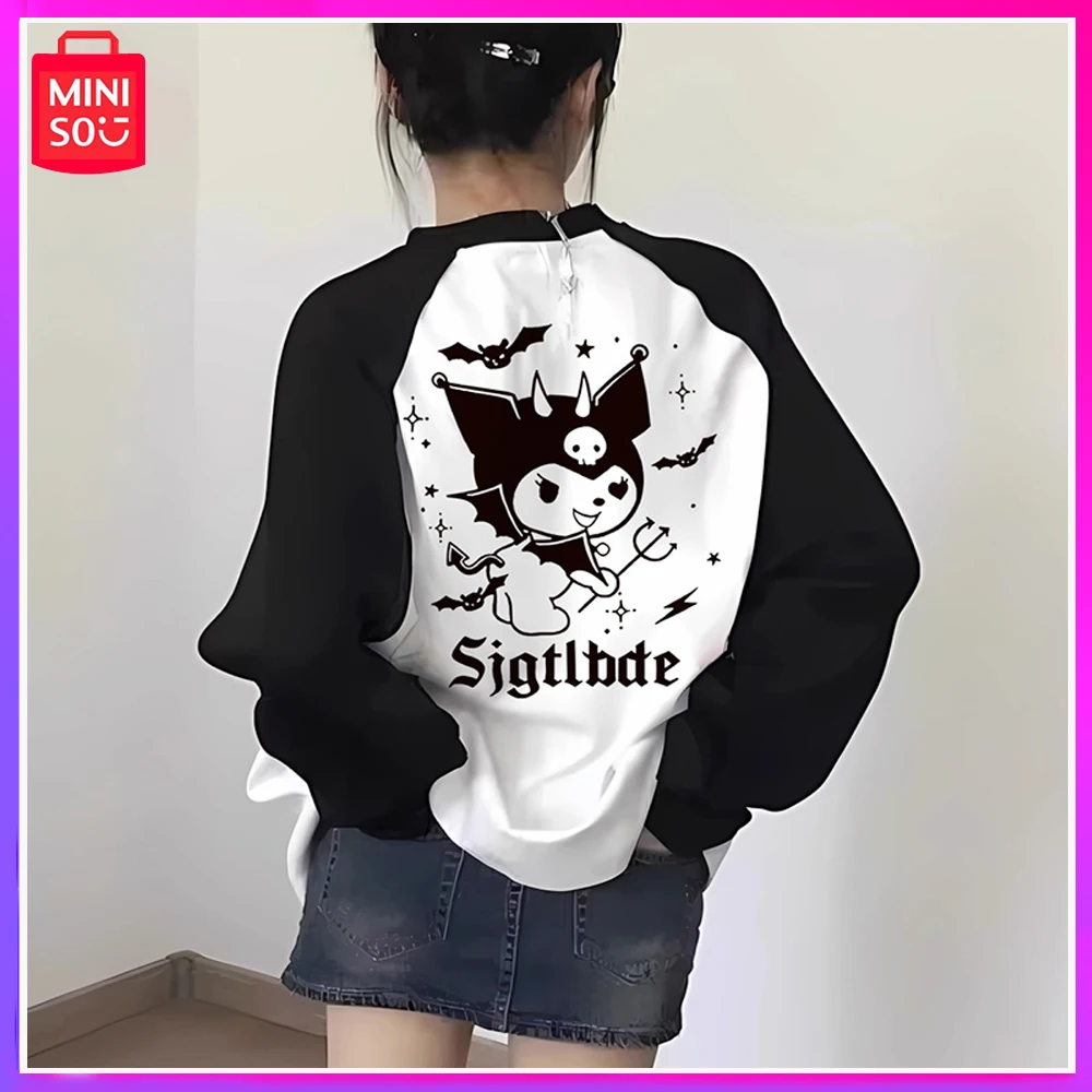 

2023 Miniso Sanrio Kuromi New Autumn Cotton Long-Sleeved T-Shirt Contrast Color Loose Matching Base Shirt Christmas Girl Gift
