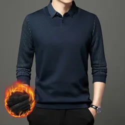 Autumn and Winter Men's Polo Plush and Thickened Fashion Casual Vacation Two-piece Long Sleeved England Style Lapel Bottom Tops
