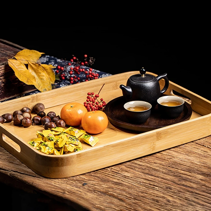 Rectangular Bamboo Wooden Tea Tray Solid Wood Serving Tray With Handle