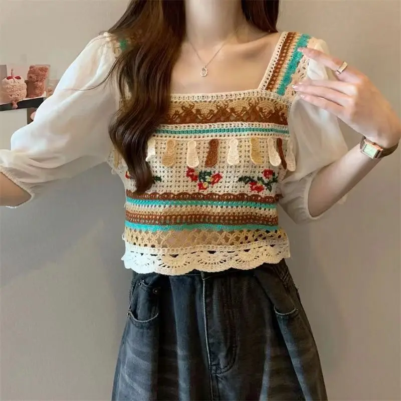 Bohemian Folk Knitted Spliced Blouse Summer Short Sleeve Stylish Hook Flower Hollow Women's Clothing Contrasting Colors Shirt