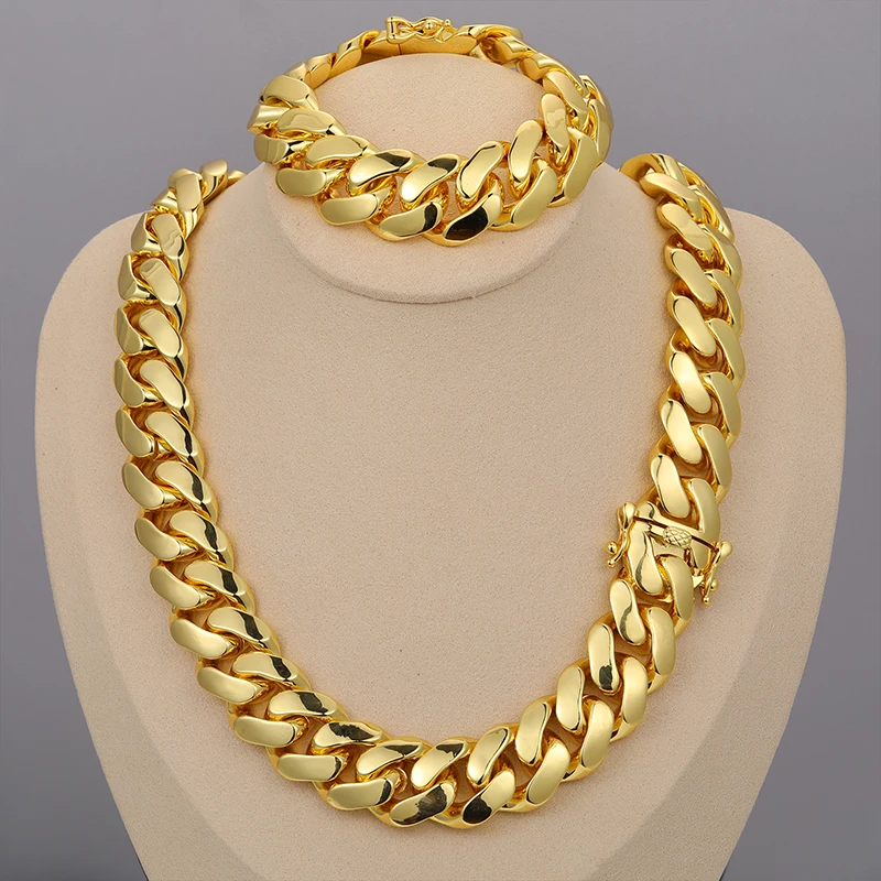 

Cuban Chain Wholesale Hip Hop Jewelry Luxury 14K 18K 24K Real Gold Plated Heavy Solid Miami Cuban Link Chain Necklace For Men