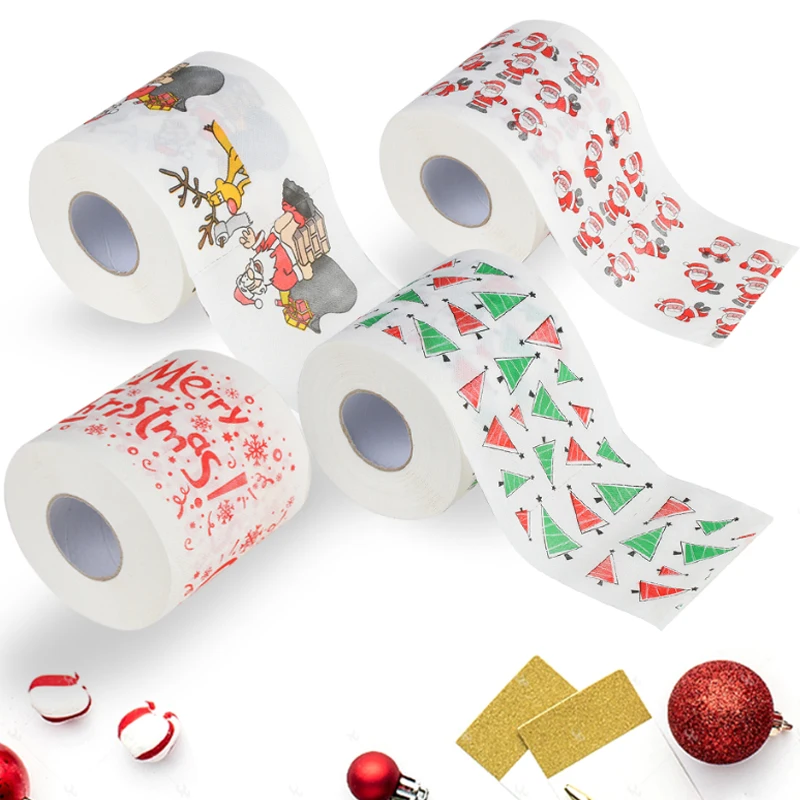 Christmas Toilet Paper Festival Theme Printed Wood Pulp Toilet Paper Festive Xmas Gifts Roll Santa Claus Reindeer Decor Supplies