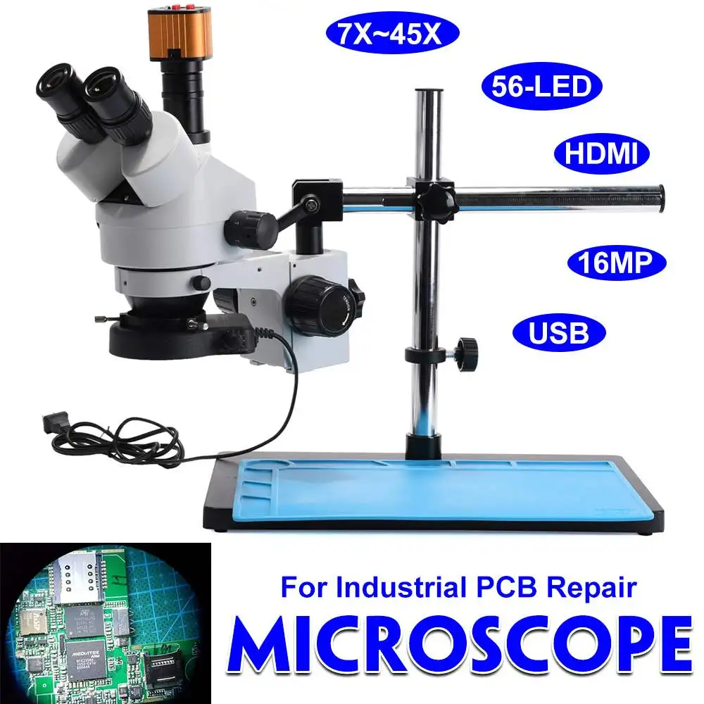 

Увеличивающий стереомикроскоп, микроскоп с камерой 16 МП, микроскоп для промышленного ремонта печатных плат, прочная цельнометаллическая стойка, 56 ярких колец