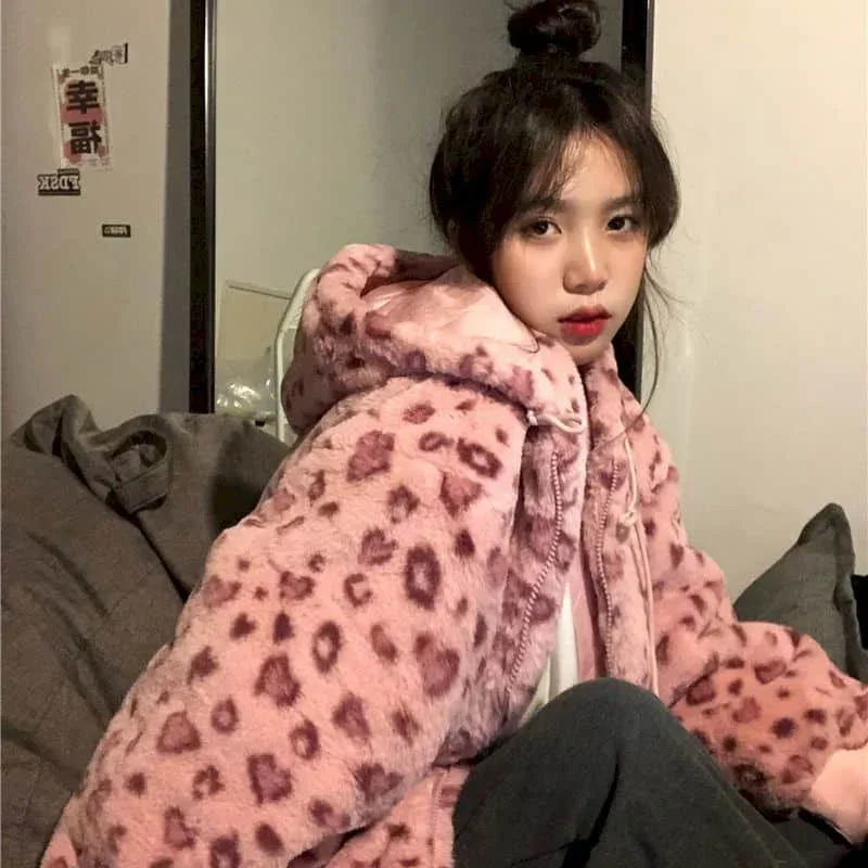 Version Lamb Wool Coat Women Winter Pink Leopard Print Thick Coat Korean Loose Plus Velvet Thick Retro Bright Color Street Coat