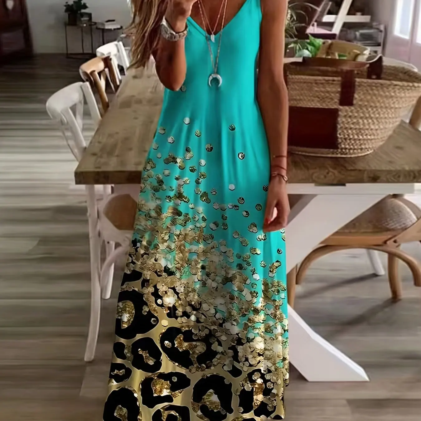 Vestido largo informal de corte A con tirantes y estampado de salpicaduras de degradado de verano para mujer, elegante y holgado para playa de primavera.