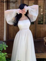 Horetong Elegant Maxi Dresses For Women White Off Shoulder Puff Long Sleeve Elastic High Waist Party Gown Ruffle Holiday Dress - Image 4