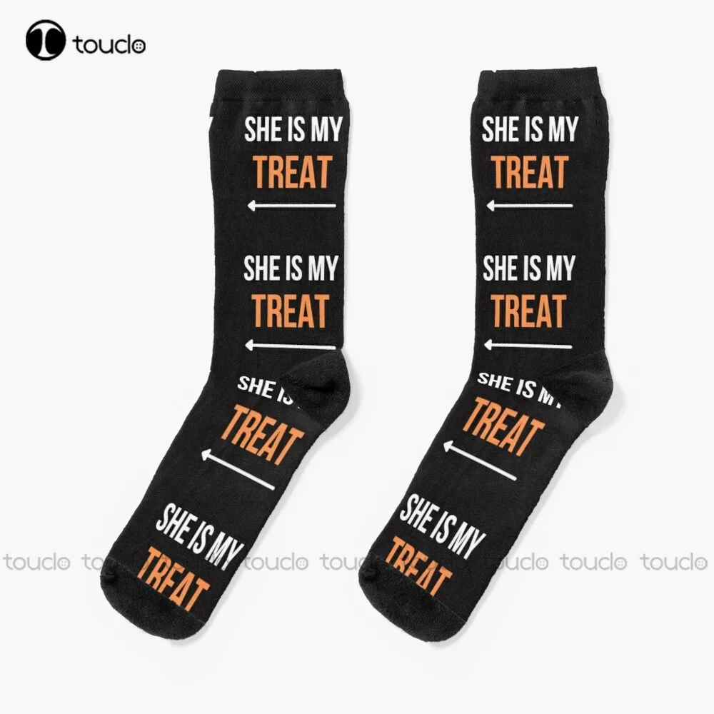 

She Is My Treat - Last Minute Easy Funny Couple Halloween Costumes Socks Halloween White Long Socks Design Happy Cute Socks Art