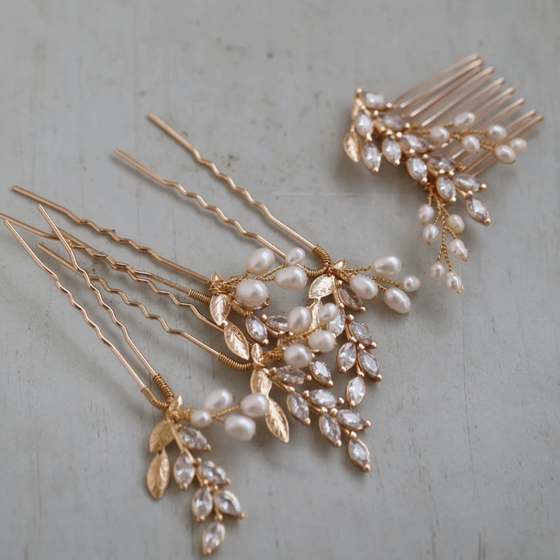 Delicate Ziconia Small Comb Bridal Hair Pins Women Piece Freshwater Pearls Wedding Jewelry Accessories