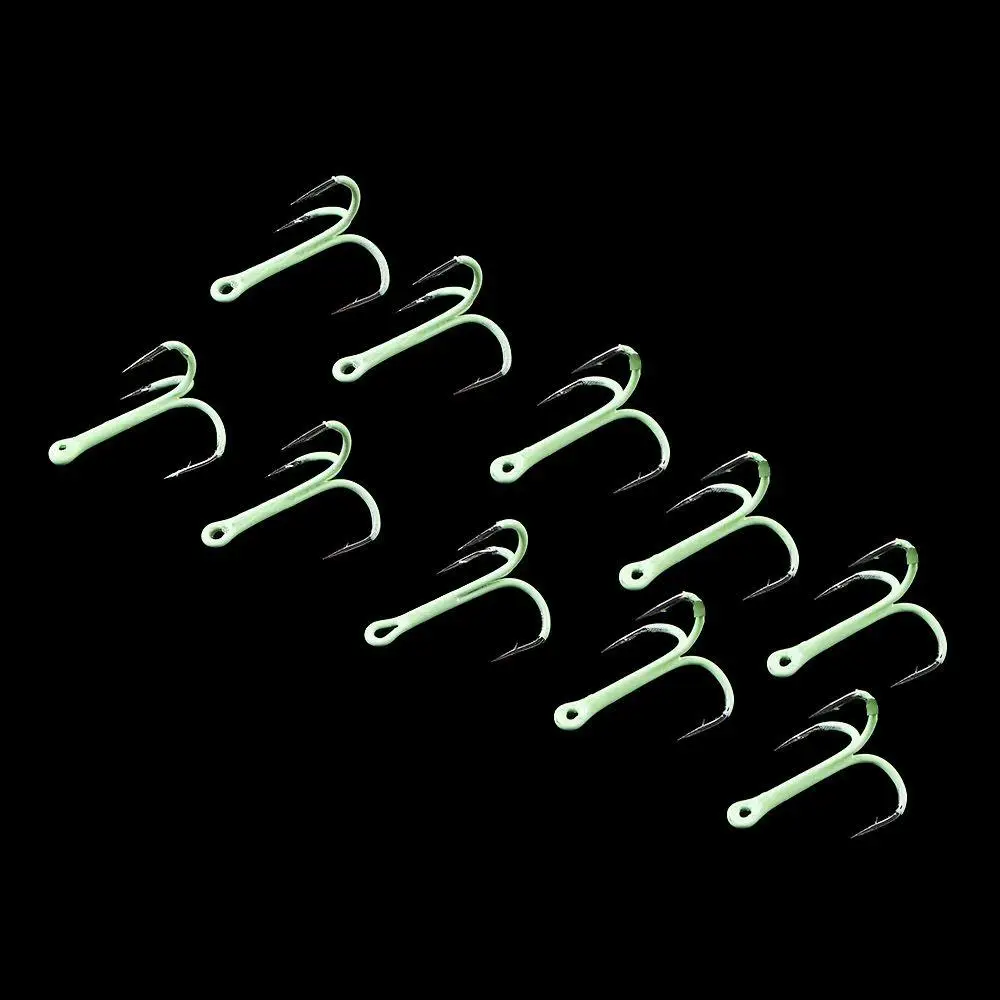 

High Carbon Steel 2# 4# 6# 8# 10# 10PCS/Lot Sharpened Treble Hooks Luminous Treble Hooks Glow In Night Luminous Fishing Hooks