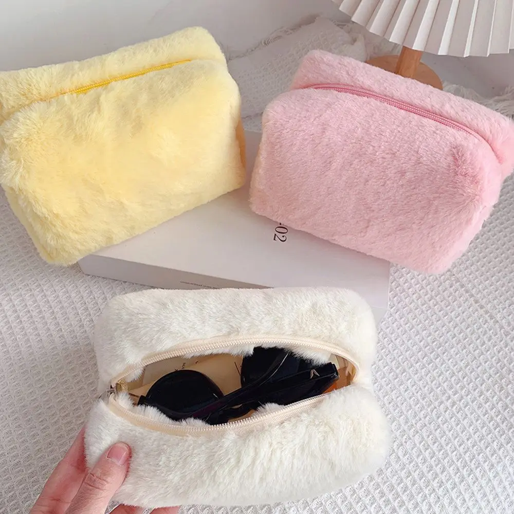

Ins Korean Zipper Sundries Solid Color Large Capacity Cosmetic Organizer Toiletry Bag Plush Makeup Bag Storage Pouch