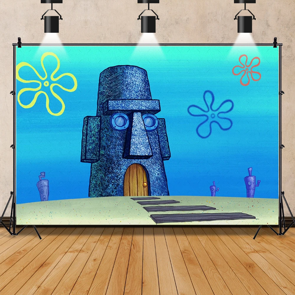 Decoração Aniversário Tema Bob Esponja - Banner 'Years Later' - Cortinas Franja Azul E Dourado - Adesivos