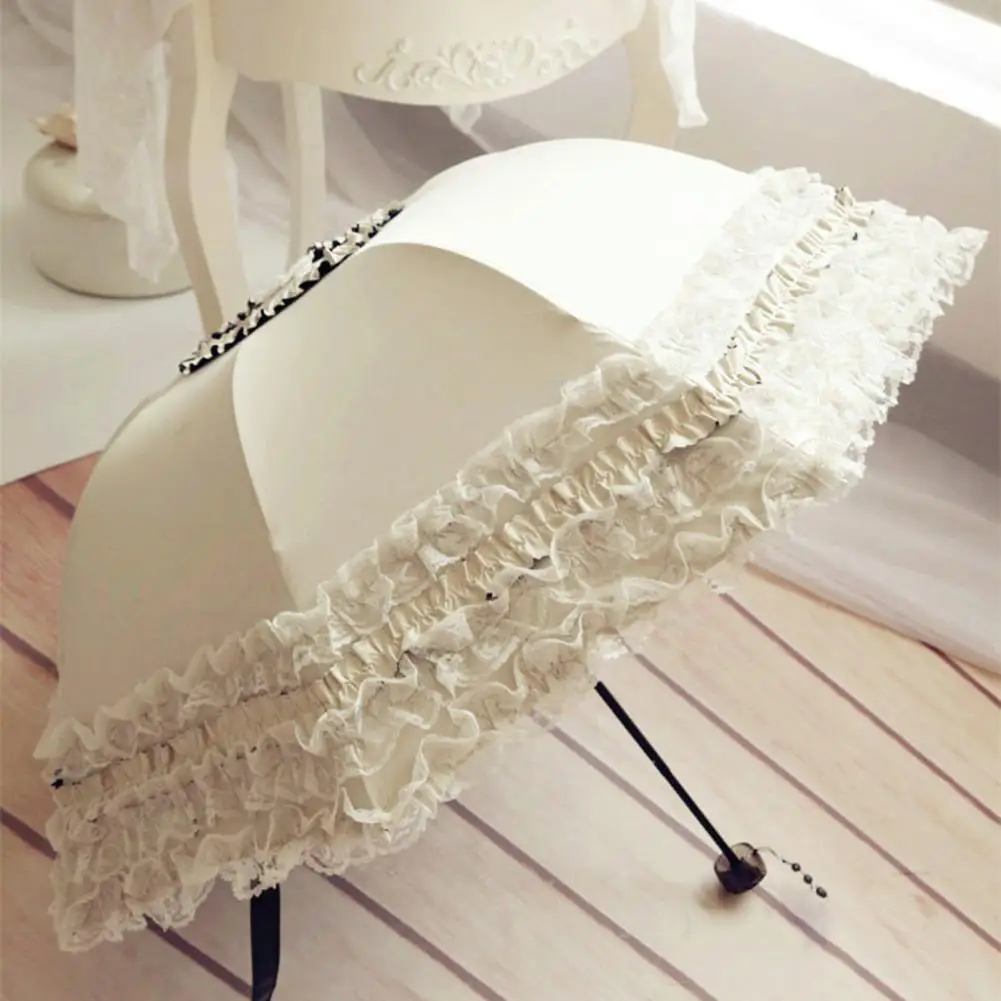 Compact Travel Umbrella Stylish Lace Folding Umbrella for Sun Protection Rain Lightweight Portable Parasol with Uv Blocking