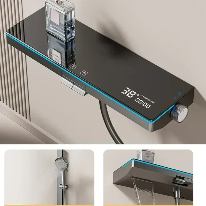 Luxury Smart Digital Display Shower Set Bathroom Wall Mounted Two Functions Piano Key Rainlfall Pressurized Shower Faucet Set 2