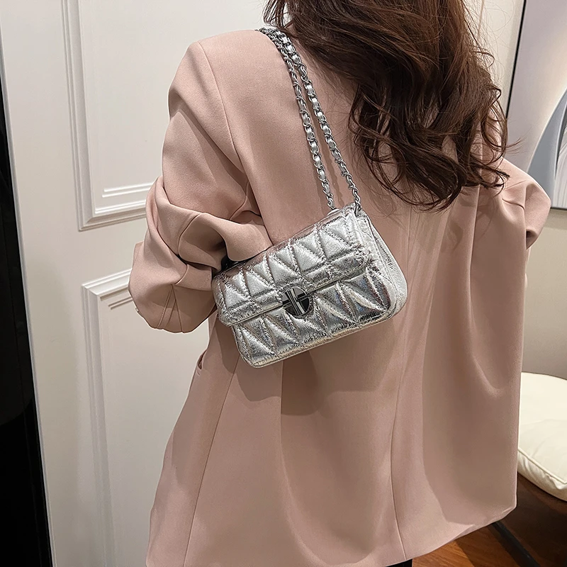 Luxury Silver Shoulder Purse Chain Handbag Solid Pu Leather