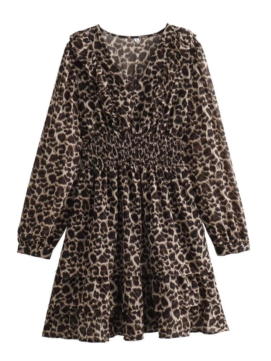 

Leopard Printed Mini Dress Women 2024 New Spring V-neck Long Sleeve Ruffle Tiered Dresses Vintage Casual Waist Cinched Vestidos