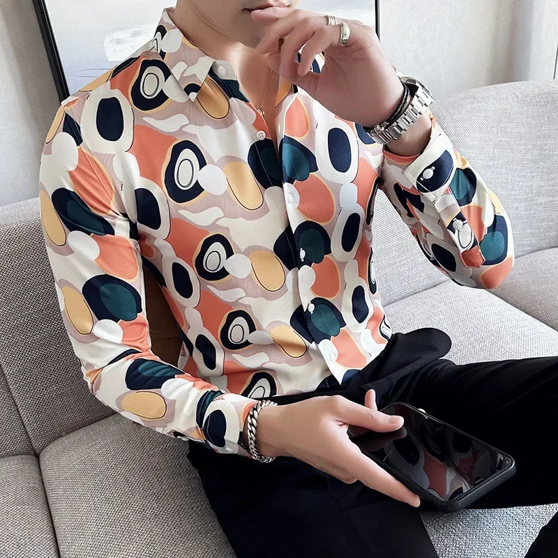 

2023 Summer Art Dot Printing Shirts Men Slim Fit Casual Shirts High Quality Social and Business Formal Shirt Party Tuxedo Blouse