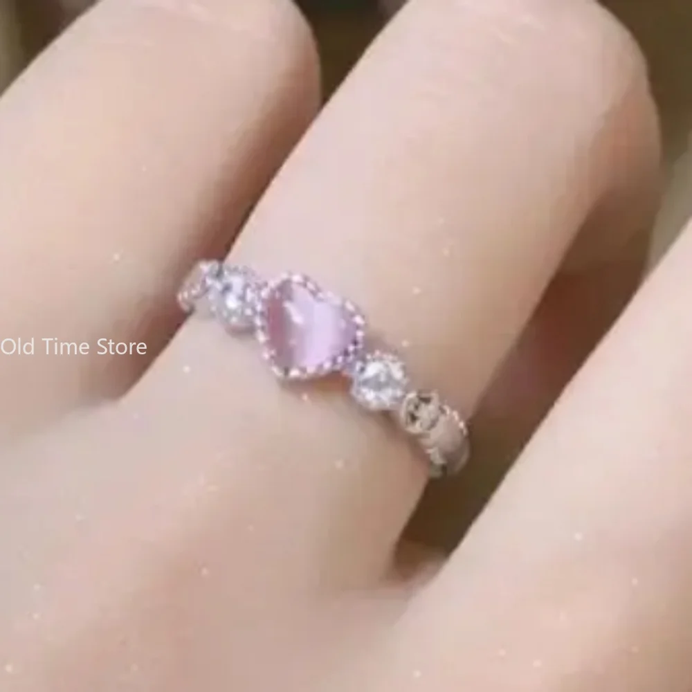 Pink Love Heart Crystal Rings For Women Kpop Love Zircon Open Ring Irregular Aesthetic girl Rings Jewelry