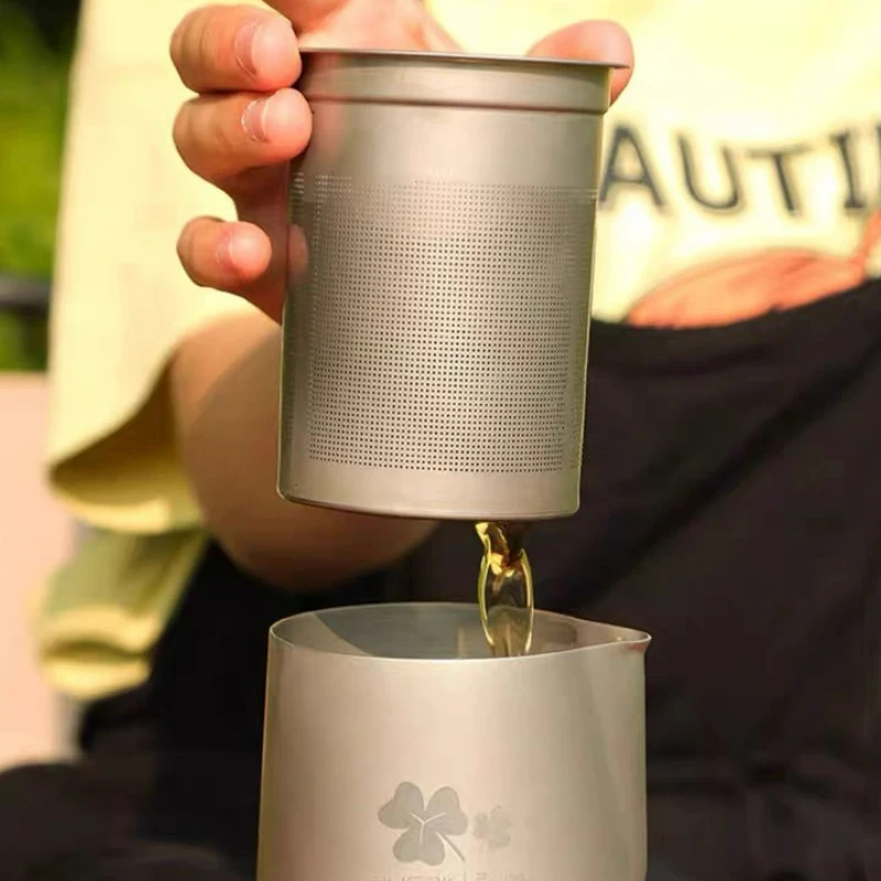 Titanium Alloy Portable Travel TeaSet Camping Kit with Double Wall Teacup Heat Resistant Pot Outdoor Hiking BrewingEquipmentGift