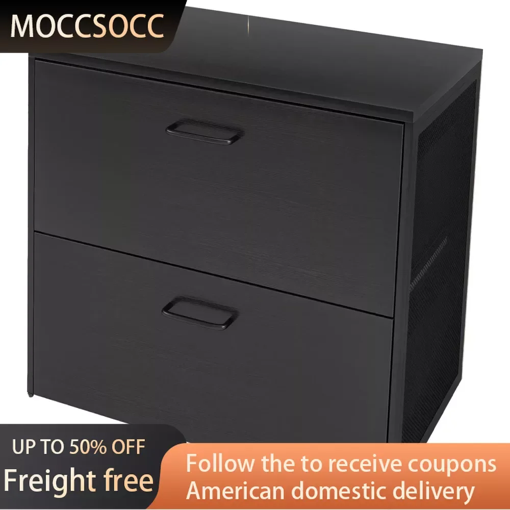 2 Drawers Wood Lateral File Cabinet for Letter Size/A4/Legal File Full Extension Soft Close Concealed Slide (Black) Freight Free