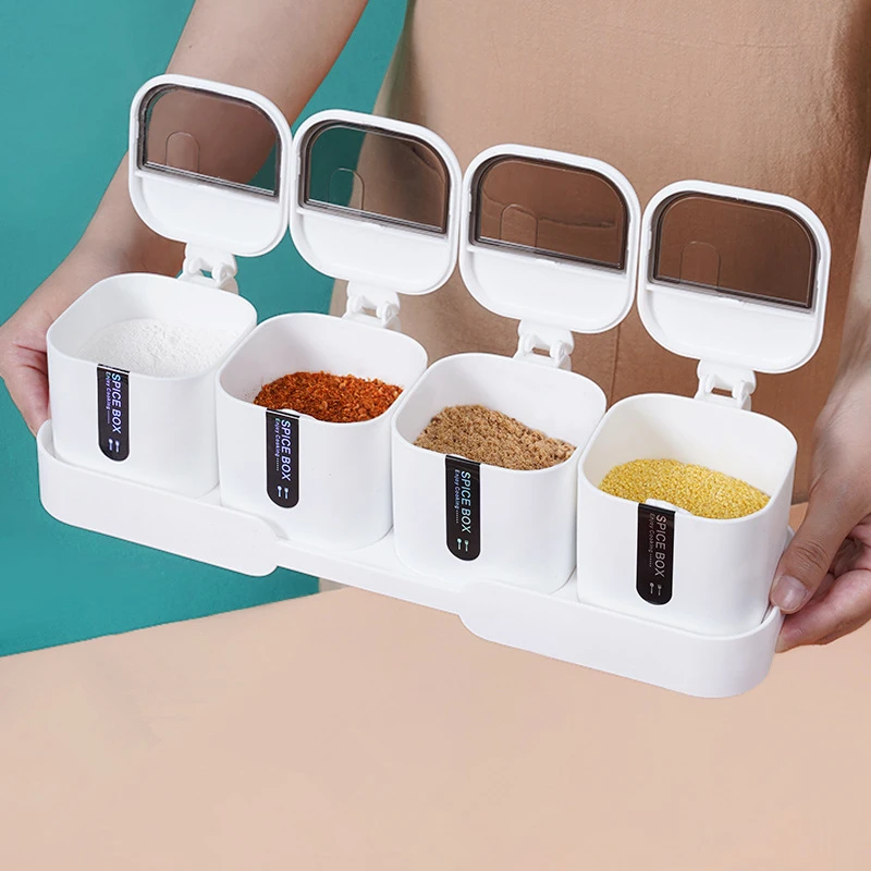 

Plastic Clamshell Compartment Seasoning Jar with Spoon Multi-purpose Spice Container Peeper Organizer Kitchen Condiment Tools