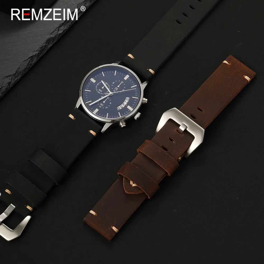 Men's Extra Thick Crazy Horse Leather Watch Strap - Sport Style Durable Replacement Wristband