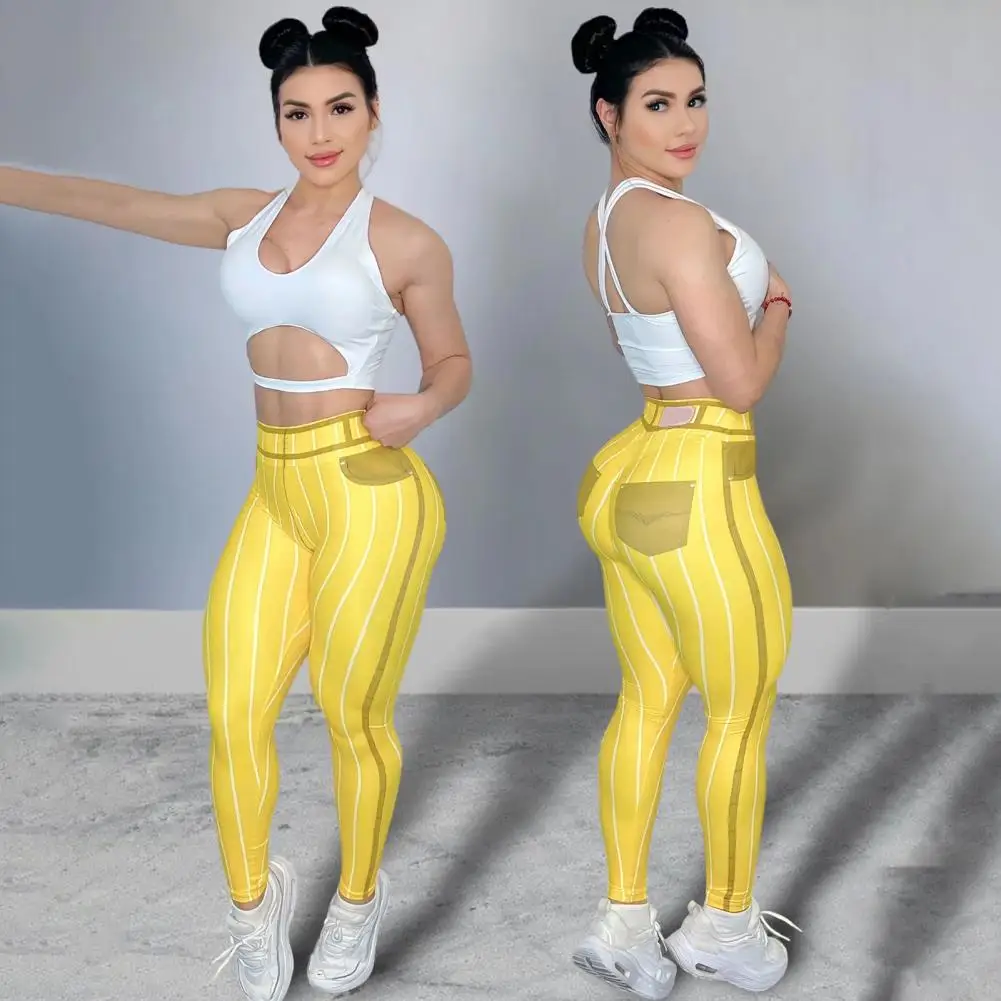 

High-waisted Printed Trousers Stripe Print High Waist Yoga Leggings for Women Stretchable Fitness Pants for Gym Workout Wear
