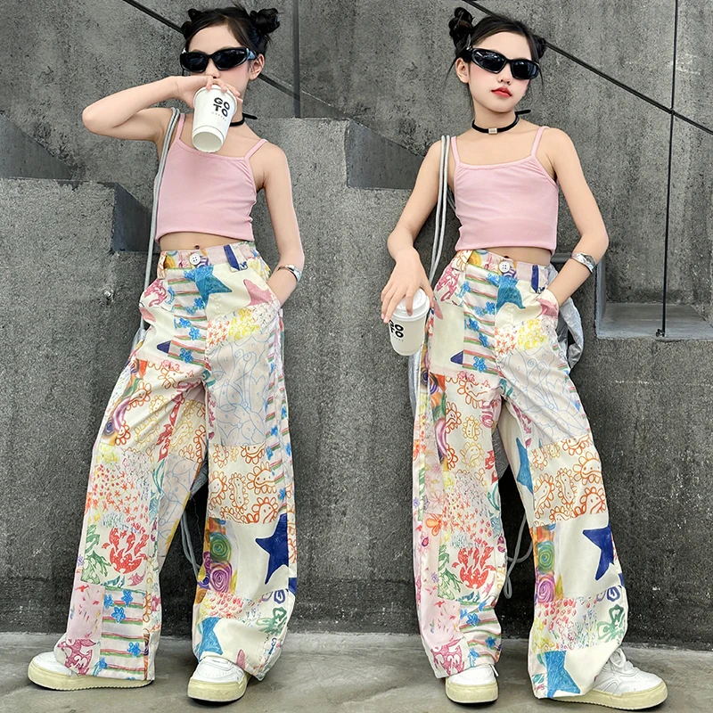teen Funny Print Pants Girl Graffiti printed straight Wide Leg Trousers Casual Child Loose Pantalones Thin Sweatpants Streetwear