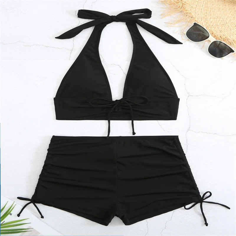

2023 New Fashion Women Bikini Split Halter Swimwear Backless Camisole Elastic Waist Two Piece Hot Spring Swimsuit Black Green