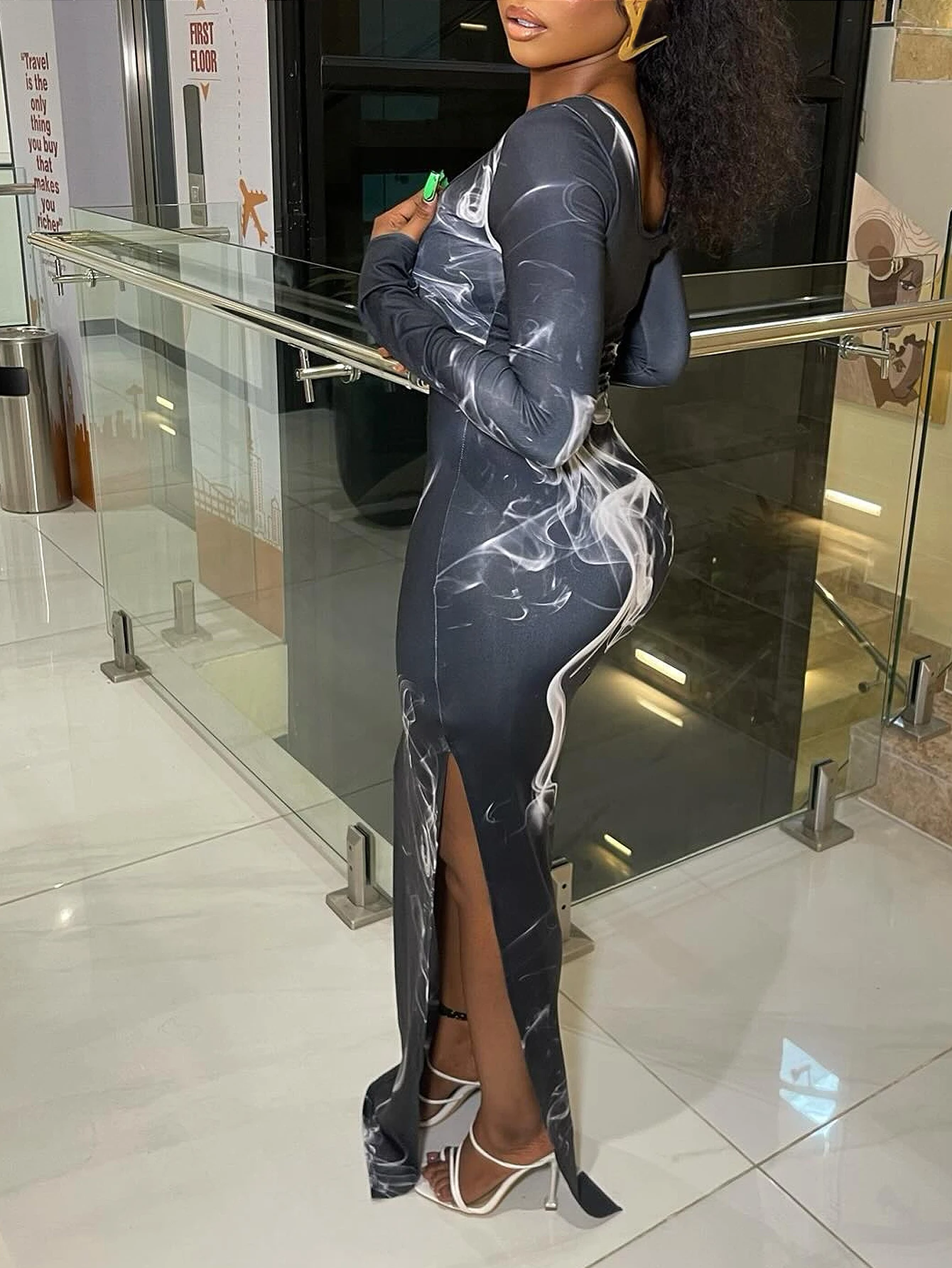 Women's long sleeved dress with printed round neck slim fit mid length dress, mesh printed dress 2