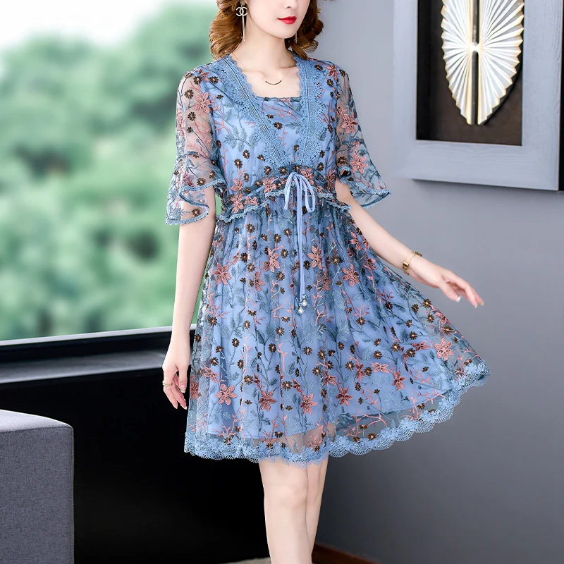Summer Blue Embroidery Mulberry Silk Hollow Out Sexy Midi Dress