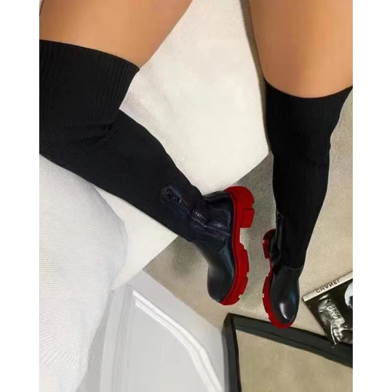 Women Over The Knee Boots Women's Thick Heel Slim Fit Winter Velvet Stretch Boots High Heels Large Size Suede Boots Botas Mujer