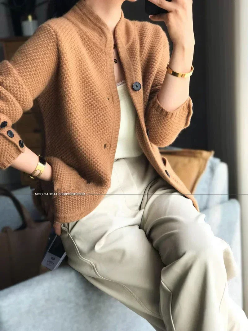 여성용 두꺼운 100% 순수 캐시미어 가디건, 스탠드넥 스웨터, 루즈한 니트 베이스 스웨터, 재킷 스웨터, 가을 겨울 신상