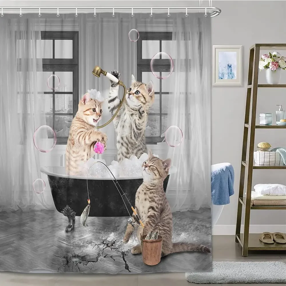 Funny Shower Curtains shower curtains Cat Riding Shark Ocean Birds Sea Waves for Kids Bathroom