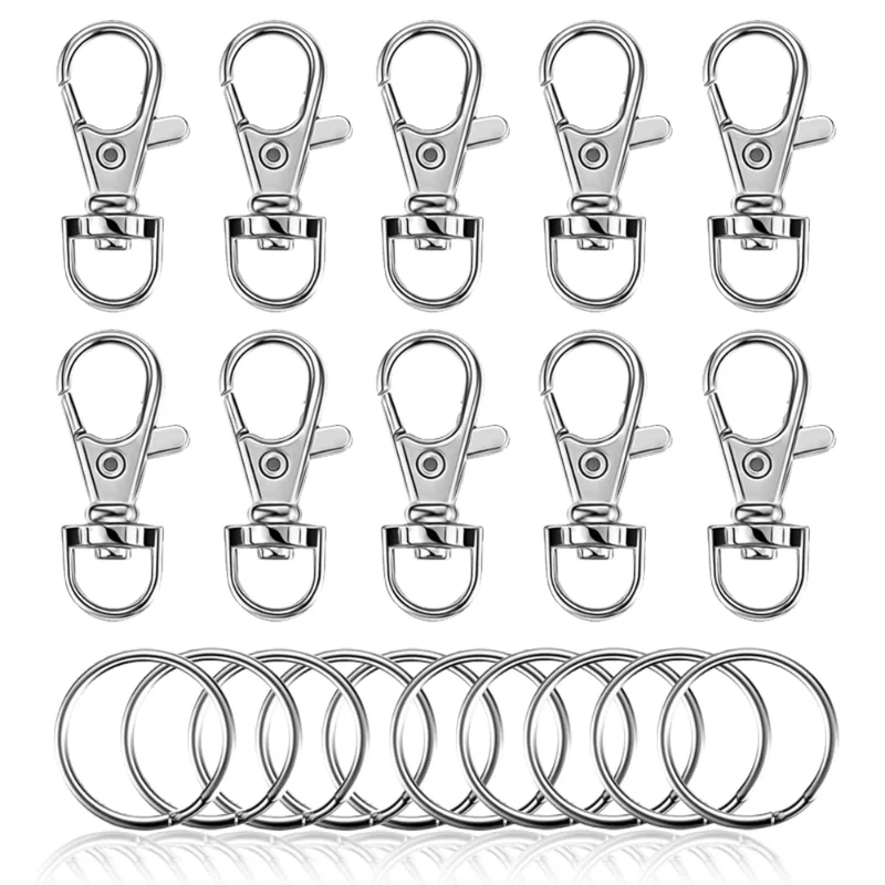 

50pcs Rhodium Lobster Clasp Clips Key Swivel Hook Keychain With Split Key Ring Findings Clasps DIY Keychains Making Wholesale