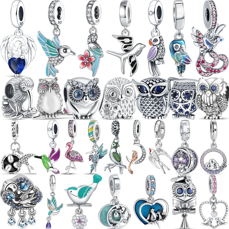 

925 Sterling Silver Bird Charm Parrot Hummingbird Owl Flamingo Swallow Pendant Beads Fit Pandora 925 Original Bracelet Jewelry