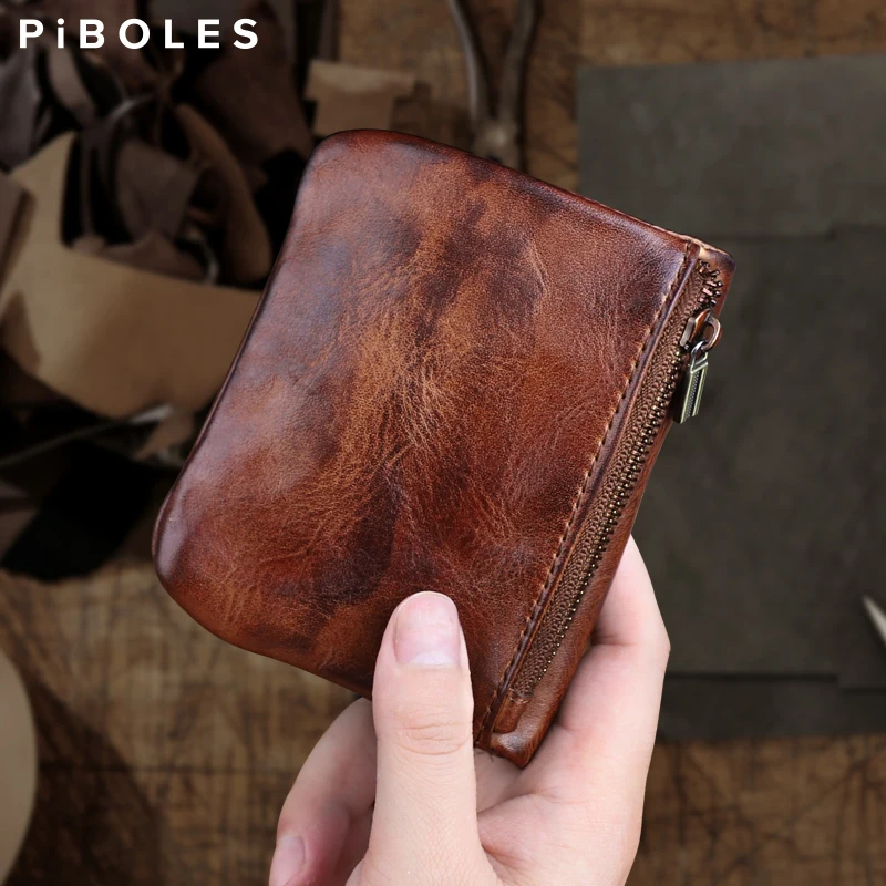 Retro Genuine Leather Short Wallet For Men Handmade Leather Card Slot Coin Pocket Zipper Money Bag Portable Small Male Wallet