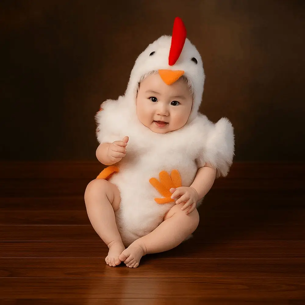 Creative Chicken Baby Photography Suit Bodysuit Hat Set Cute Design Infant Studioshoot Outfits Furry Romper Unisex Animals