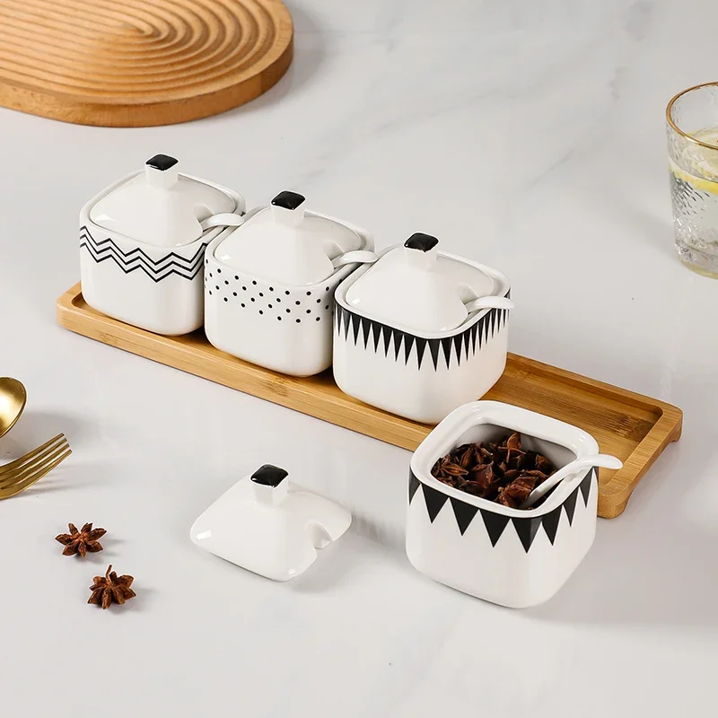 Modern Black and White Irregular Pattern Ceramic Spice Jar Bottle Household Kitchen Salt Sugar Seasoning Box Grain Jar Container