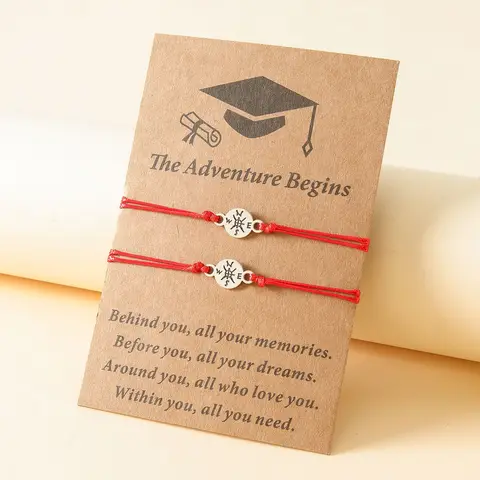 Graduation Jewelry Compass Bracelet for Women Couple Handmade Woven Rope String Metal Student Friendship Wish Card Gift