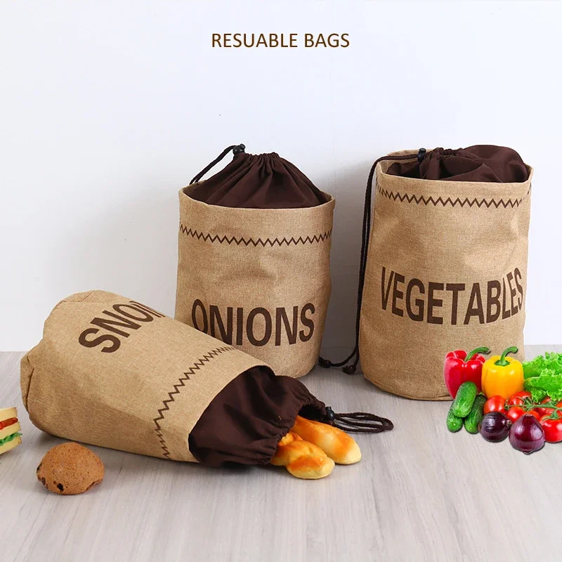Kitchen Hessian Storage Bag for Garlic,Onions,Potato,Vegetable,Bread,Drawstring Sack,Fabric Burlap Bags Jute Potatoes Organizer 2