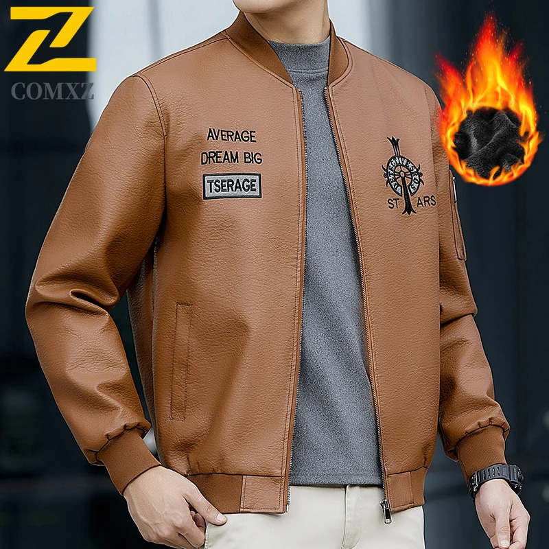 COMXZ Men Bomber Stand Collar Jacket Spring Autumn Retro Leather Loose Fit Korean Style Workwear Waterproof Motorcycle Outerwear