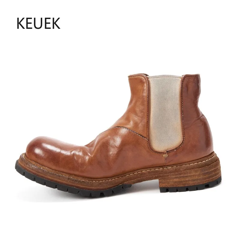 

Handmade Men Shoes Genuine Leather Vintage British Ankle Boots Thick-sole Chelsea Boots Zapatos Botines Hombre 2A