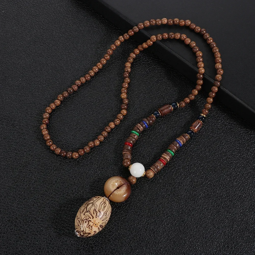 Collana Lunga Etnica Boho In Legno Con Perline E Corno Di Pesce - Fatto A Mano Nepal - Gioiello Vintage - 4