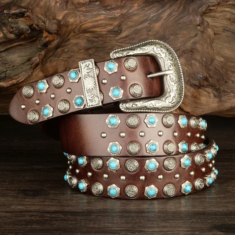 

Fashion Retro Turquoise Inlay Rivet Genuine Leather Belts High Quality Belts For Women Men Designer Personality Belts