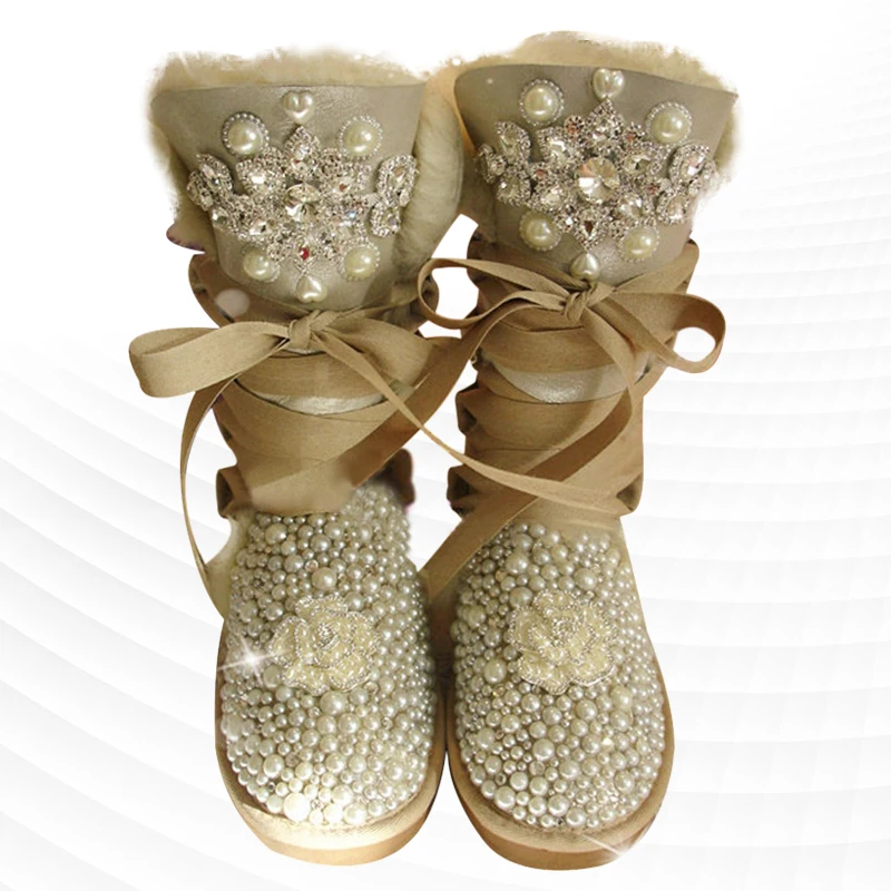 

Lace lace-up brown winter warm boots Pearl rhinestone flowers handmade custom fur one-piece boots Women's plus size 35-44